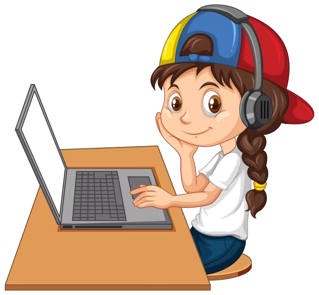 A cartoon girl sitting behind a laptop and learning Web Development.